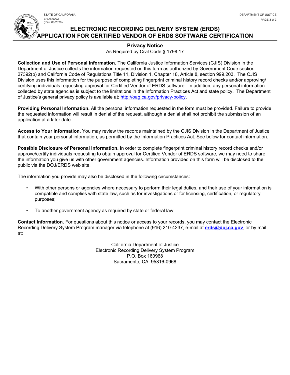 Form ERDS0003 Electronic Recording Delivery System (Erds) Application for Certified Vendor of Erds Software Certification - California, Page 3