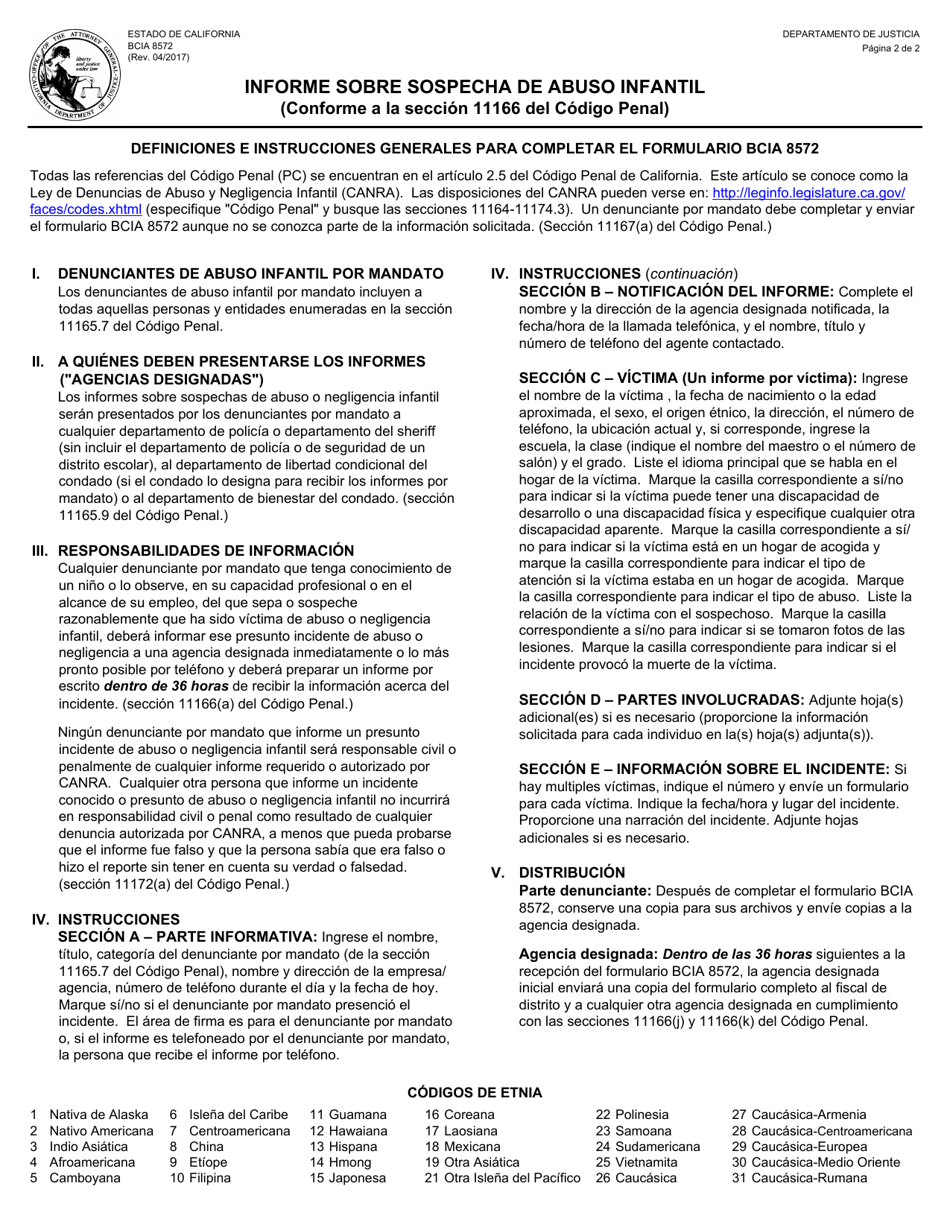 Formulario BCIA8572 Informe Sobre Sospecha De Abuso Infantil - California (Spanish), Page 2