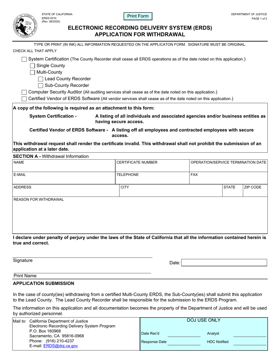 Form ERDS0010 Electronic Recording Delivery System (Erds) Application for Withdrawal - California, Page 1