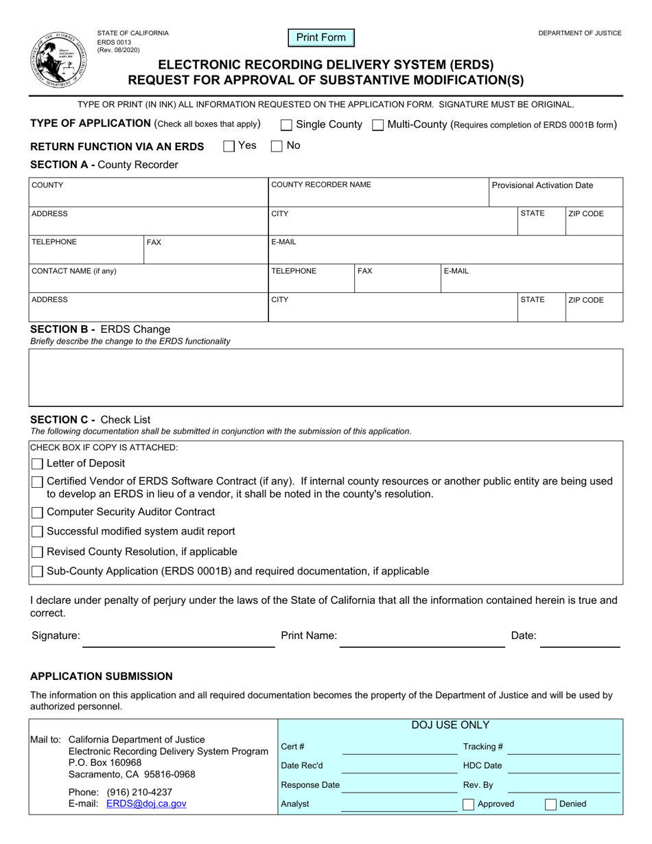 Form ERDS0013 Electronic Recording Delivery System (Erds) Request for Approval of Substantive Modification(S) - California, Page 1
