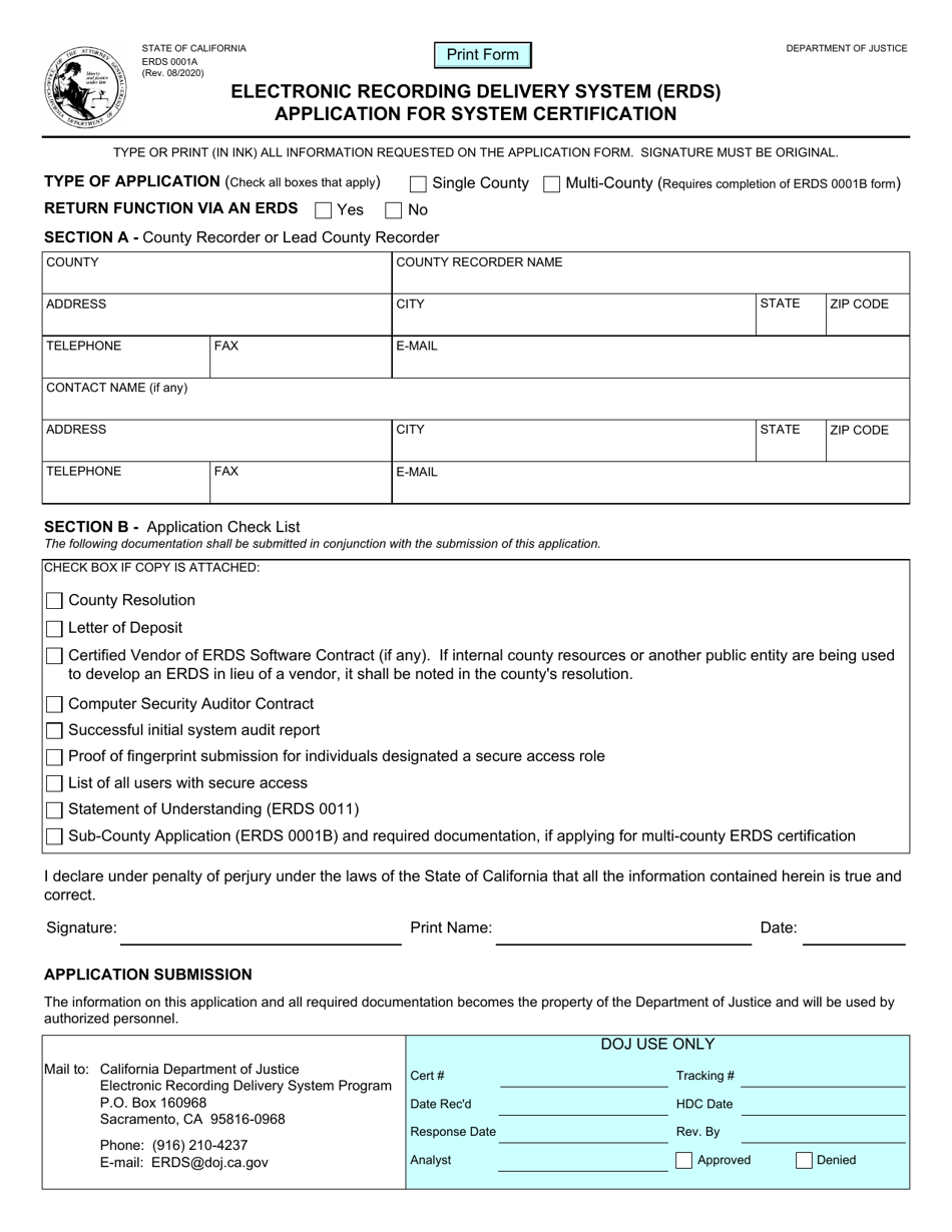 Form ERDS0001A Electronic Recording Delivery System (Erds) Application for System Certification - California, Page 1