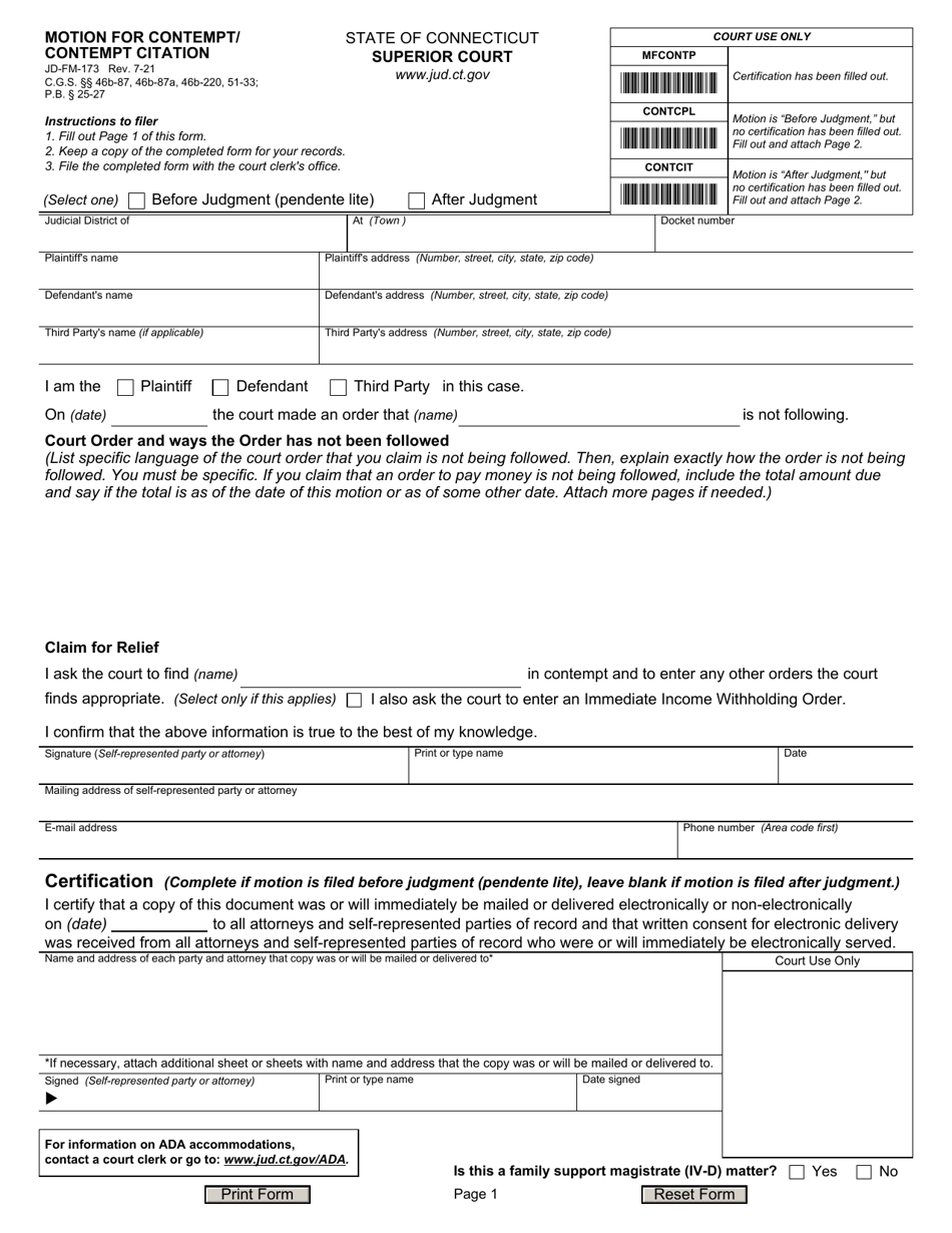 Form JD-FM-173 Download Fillable PDF or Fill Online Motion for Contempt ...