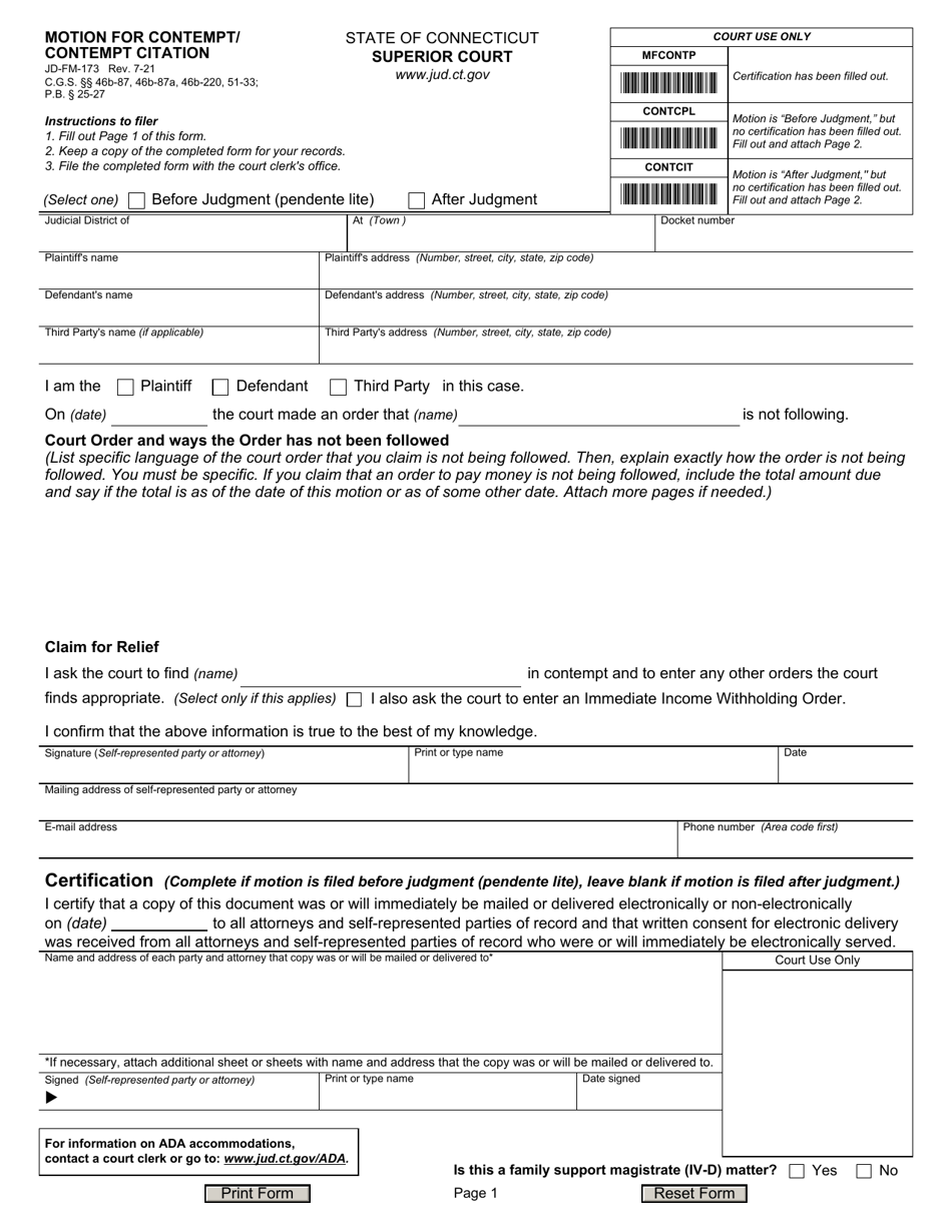 Form JD-FM-173 Motion for Contempt / Contempt Citation - Connecticut, Page 1