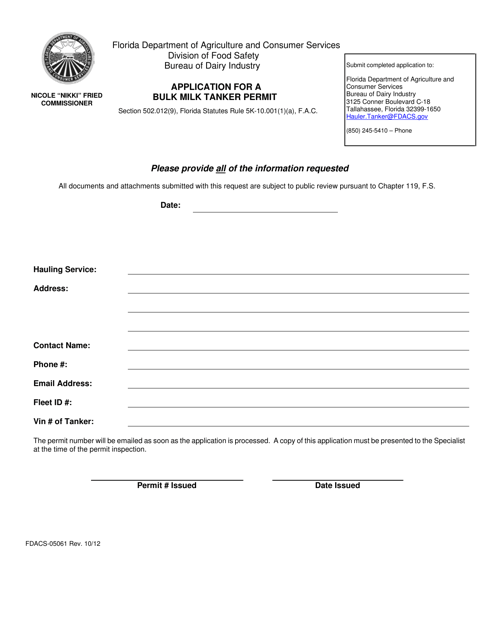 Form FDACS-05061 Application for a Bulk Milk Tanker Permit - Florida