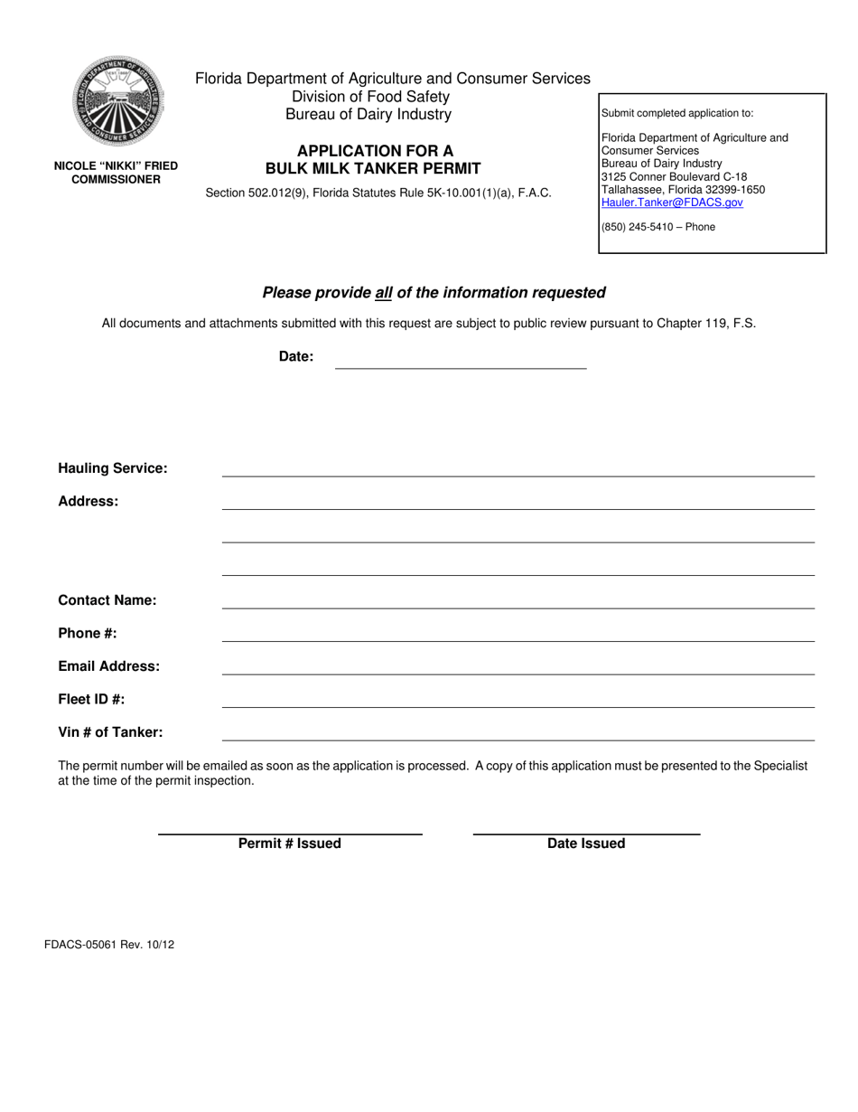 Form FDACS-05061 Application for a Bulk Milk Tanker Permit - Florida, Page 1
