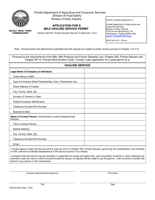 Form FDACS-05012 Application for a Milk Hauling Service Permit - Florida