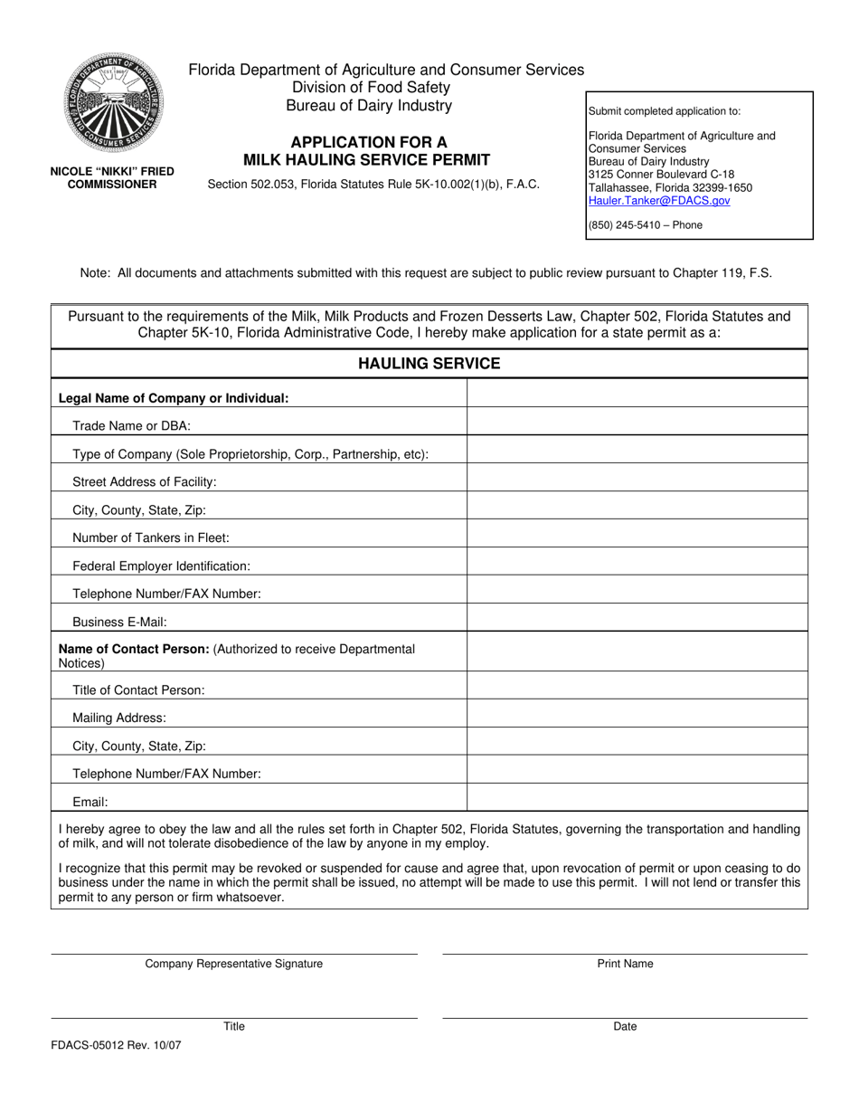 Form FDACS-05012 Application for a Milk Hauling Service Permit - Florida, Page 1