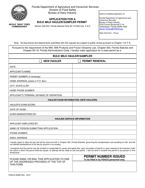 Form FDACS-05060 Application for a Bulk Milk Hauler/Sampler Permit - Florida