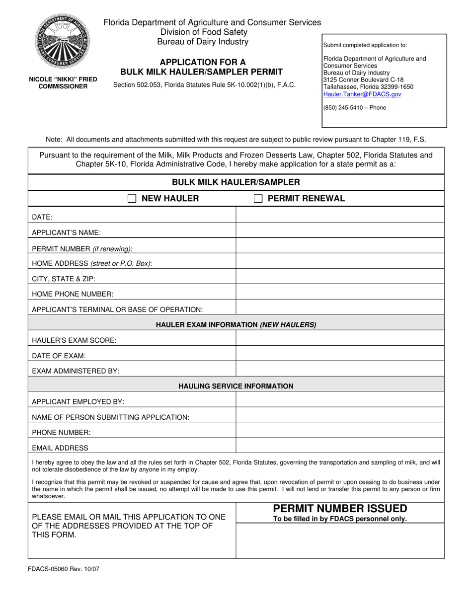 Form FDACS-05060 Application for a Bulk Milk Hauler / Sampler Permit - Florida, Page 1