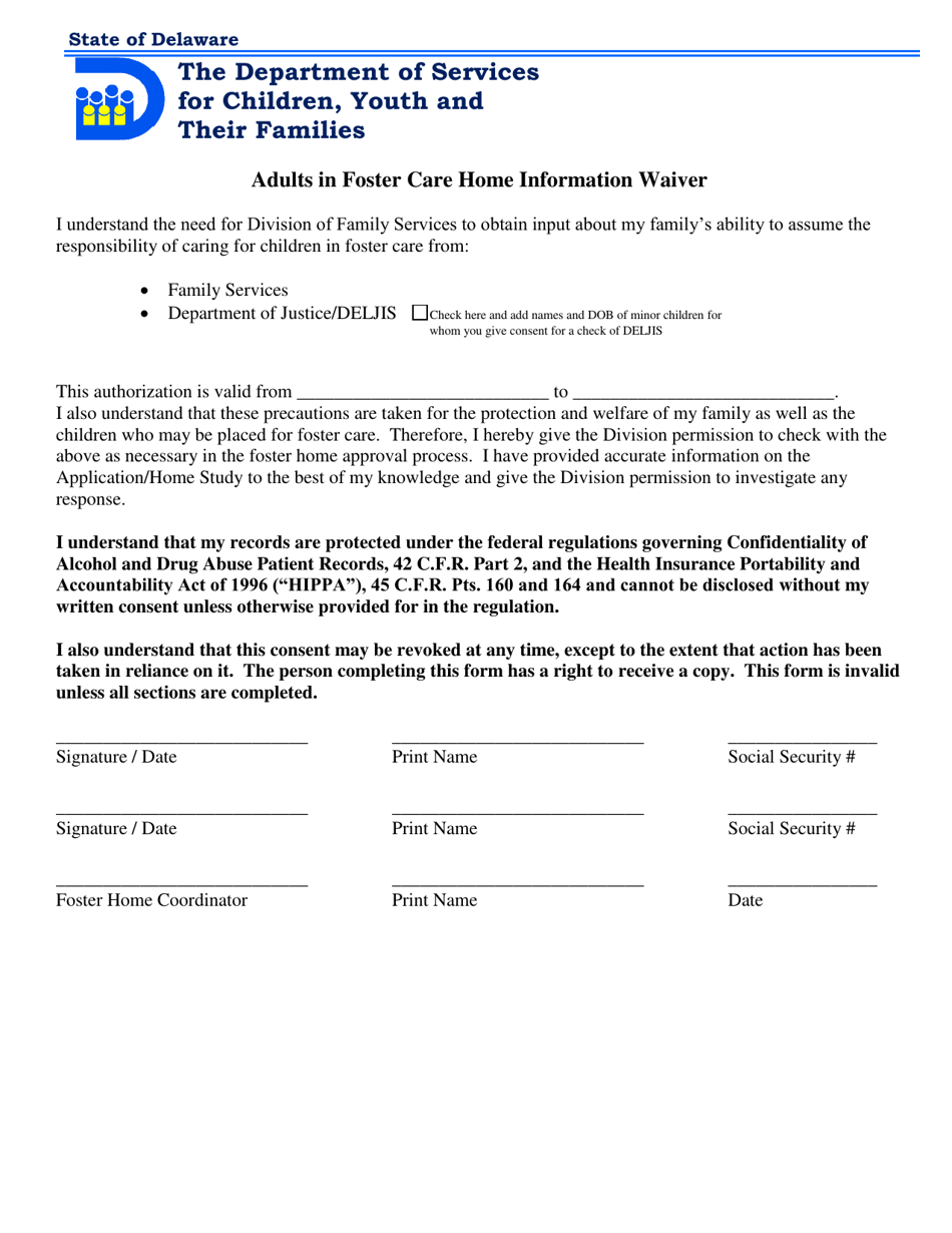 Adults in Foster Care Home Information Waiver - Delaware, Page 1