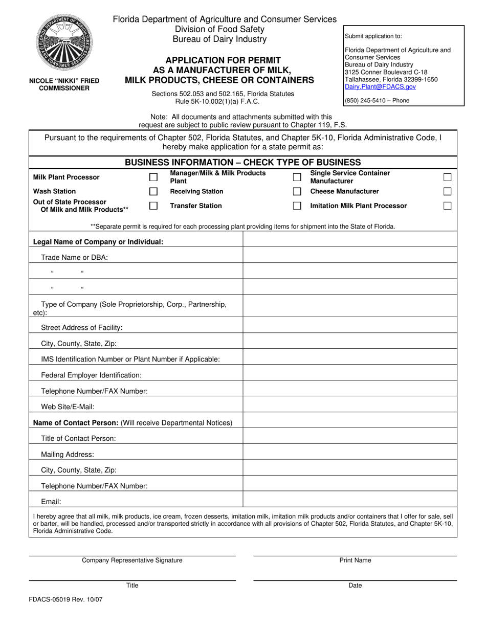 Form FDACS-05019 Application for Permit as a Manufacturer of Milk, Milk Products, Cheese or Containers - Florida, Page 1