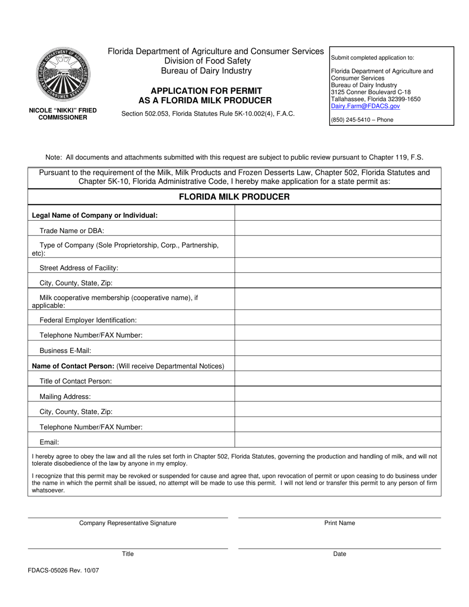 Form FDACS-05026 Application for Permit as a Florida Milk Producer - Florida, Page 1