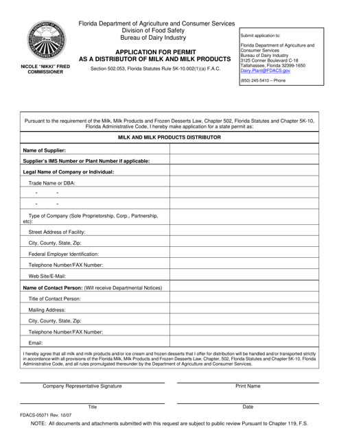 Form FDACS-05071 Application for Permit as a Distributor of Milk and Milk Products - Florida