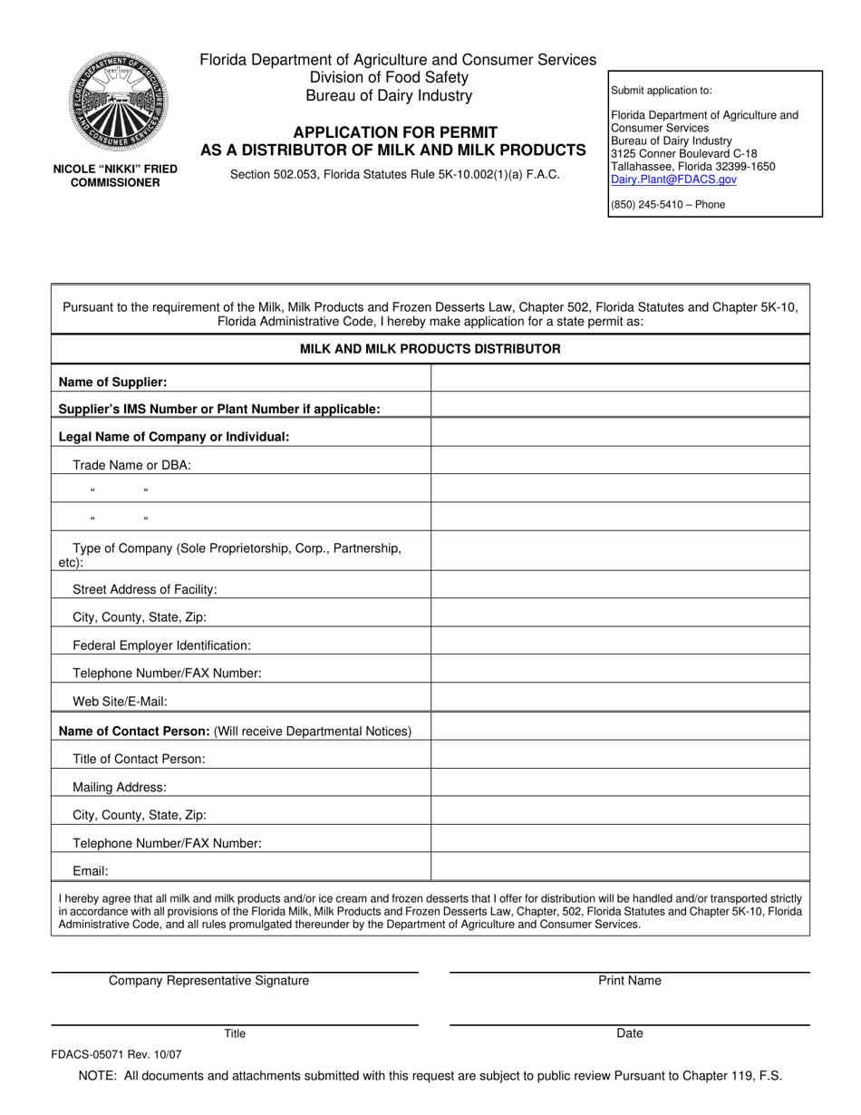 Form FDACS-05071 Application for Permit as a Distributor of Milk and Milk Products - Florida, Page 1