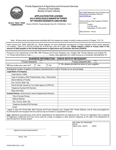 Form FDACS-05016 Application for License as a Wholesale Manufacturer of Frozen Desserts and/or Mix - Florida