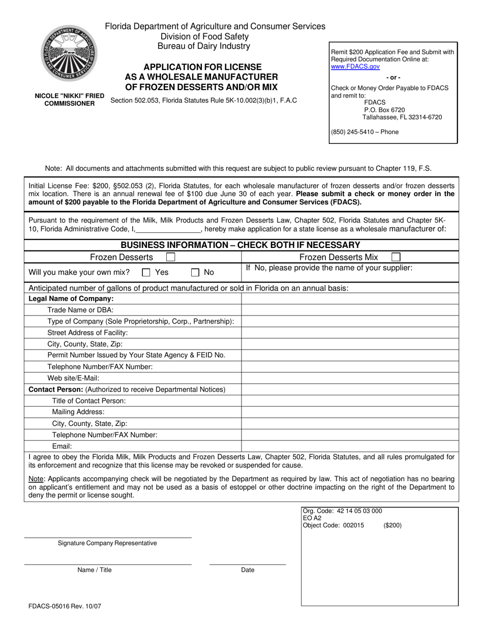 Form FDACS-05016 Application for License as a Wholesale Manufacturer of Frozen Desserts and / or Mix - Florida, Page 1