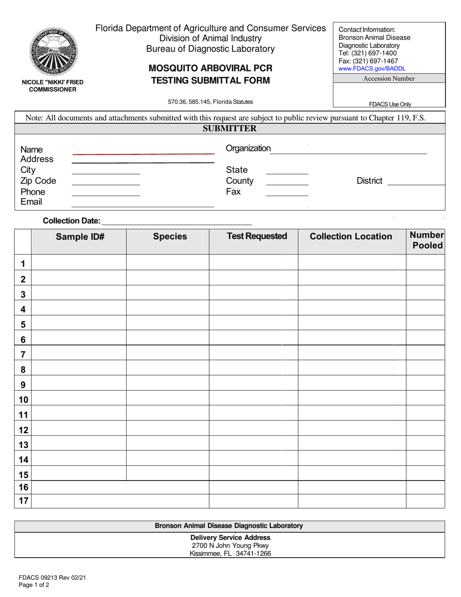Form FDACS09213 Mosquito Arboviral Pcr Testing Submittal Form - Florida, Page 1