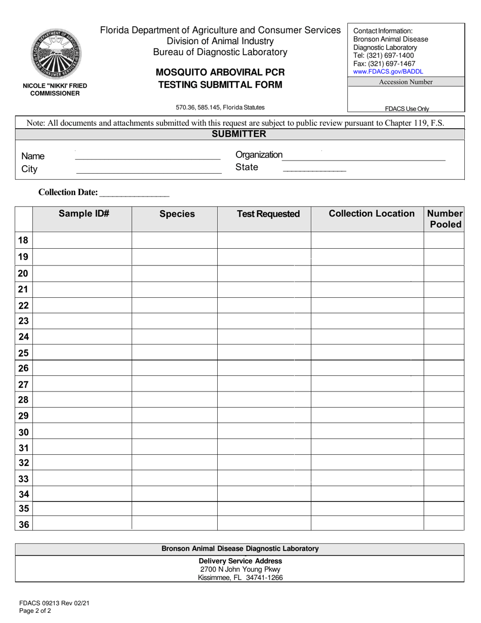 Form FDACS09213 Mosquito Arboviral Pcr Testing Submittal Form - Florida, Page 2