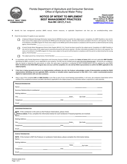 Form FDACS-04002 Notice of Intent to Implement Best Management Practices - Florida