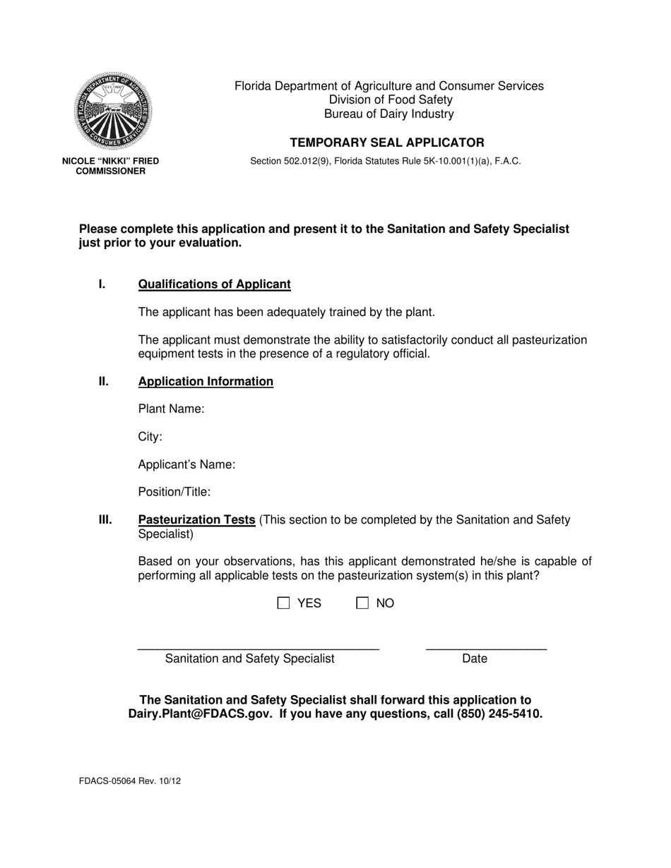 Form FDACS-05064 Temporary Seal Applicator - Florida, Page 1