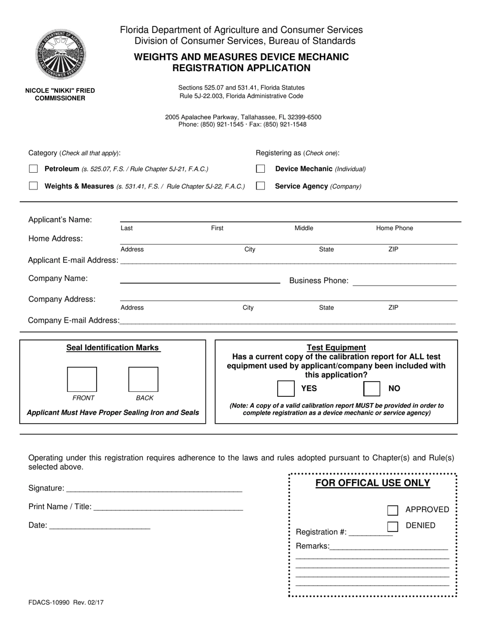Form FDACS-10990 Weights and Measures Device Mechanic Registration Application - Florida, Page 1