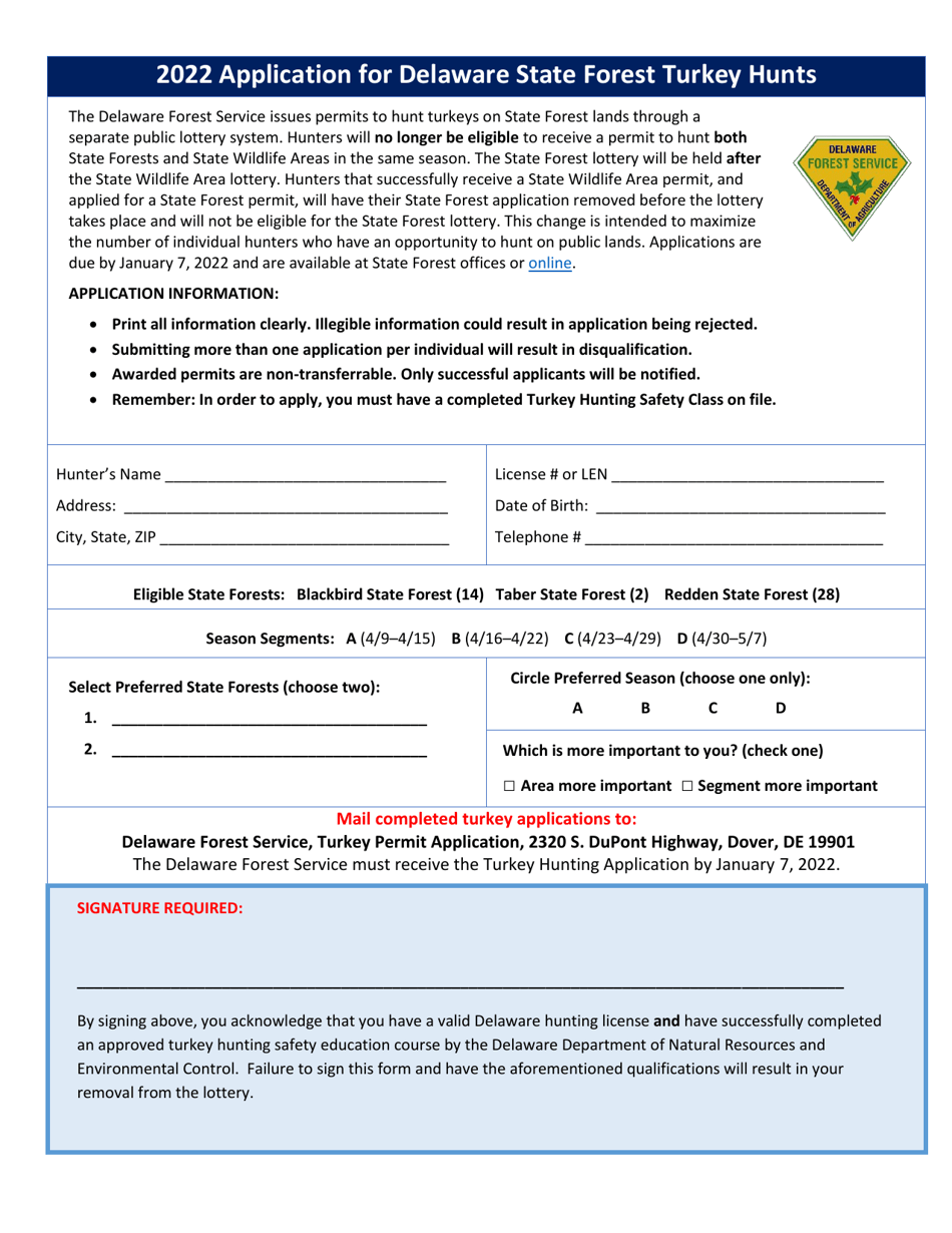 Application for Delaware State Forest Turkey Hunts - Delaware, Page 1