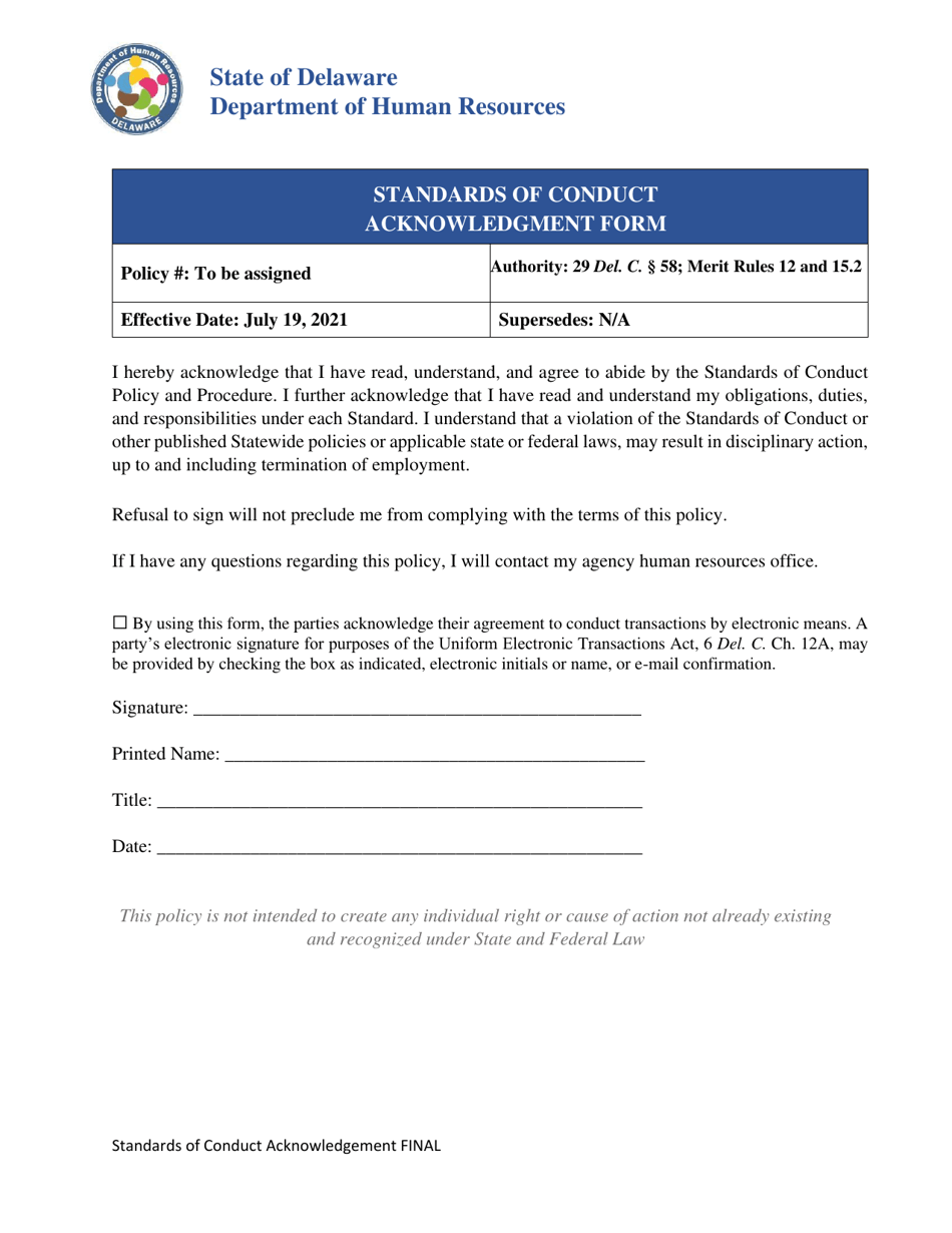 Standards of Conduct Acknowledgment Form - Delaware, Page 1