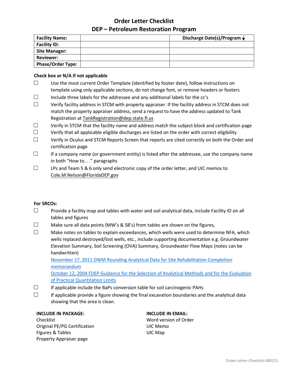 Order Letter Checklist - Petroleum Restoration Program - Florida, Page 1