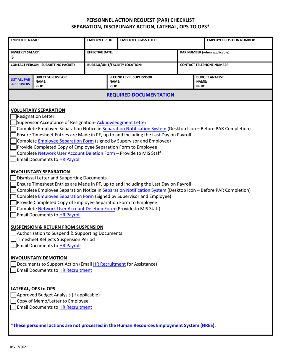 Personnel Action Request (Par) Checklist - Separation, Disciplinary Action, Lateral, Ops to Ops - Florida, Page 1