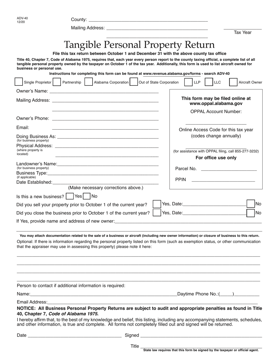 Form ADV-40 Tangible Personal Property Return - Alabama, Page 1