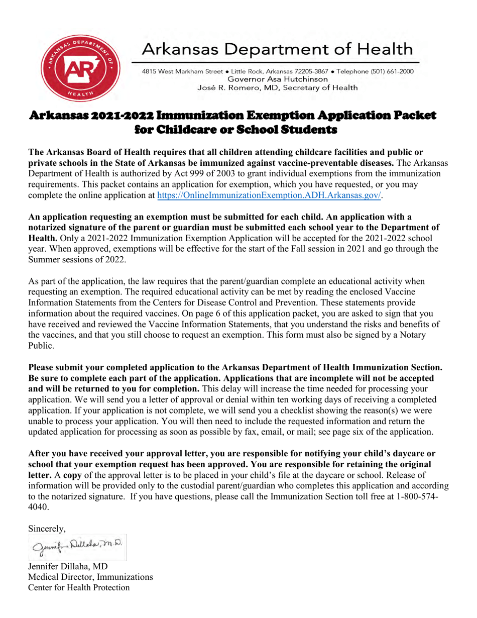2022 Arkansas Arkansas Immunization Exemption Application for Childcare