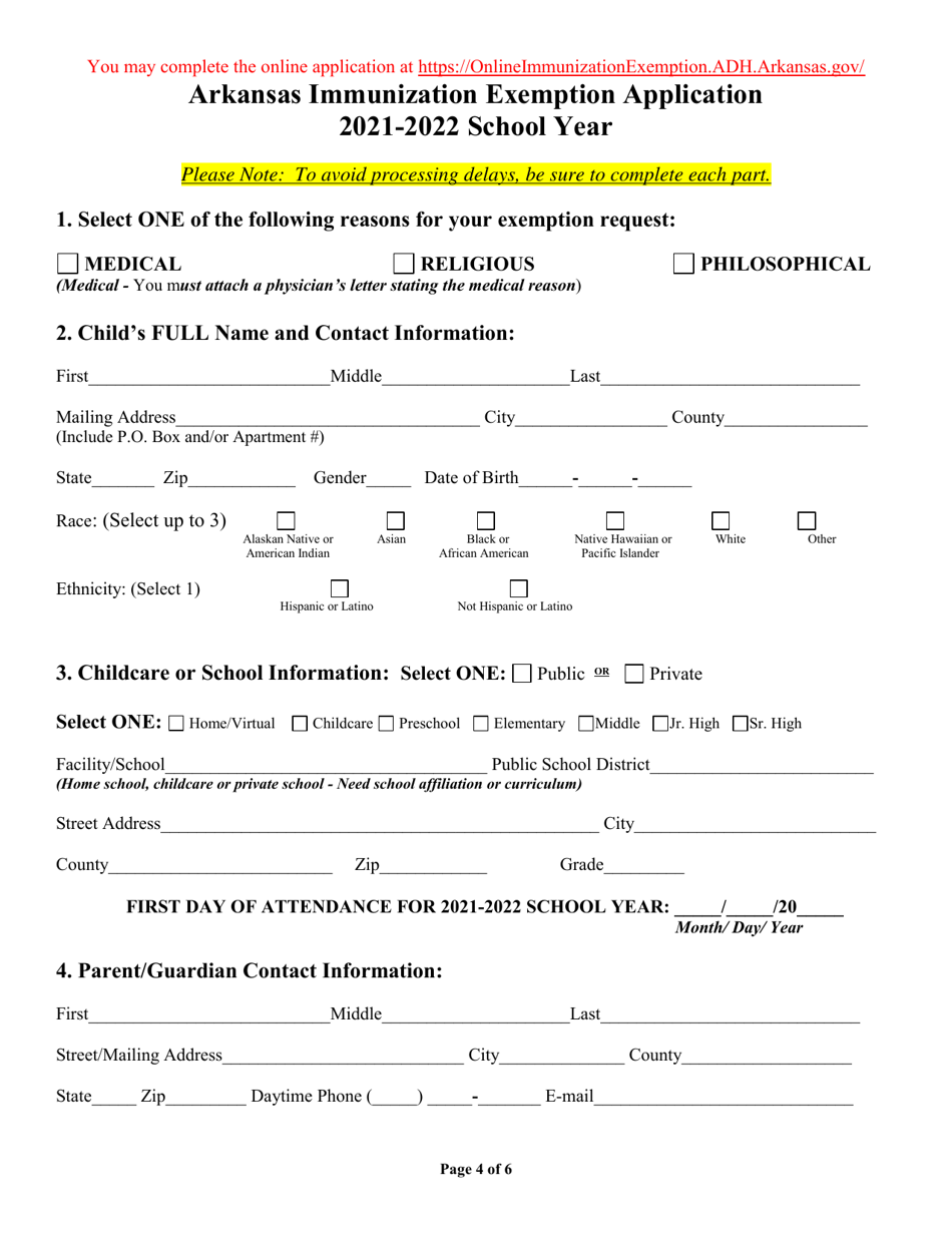Arkansas Immunization Exemption Application for Childcare or School Students - Arkansas, Page 4