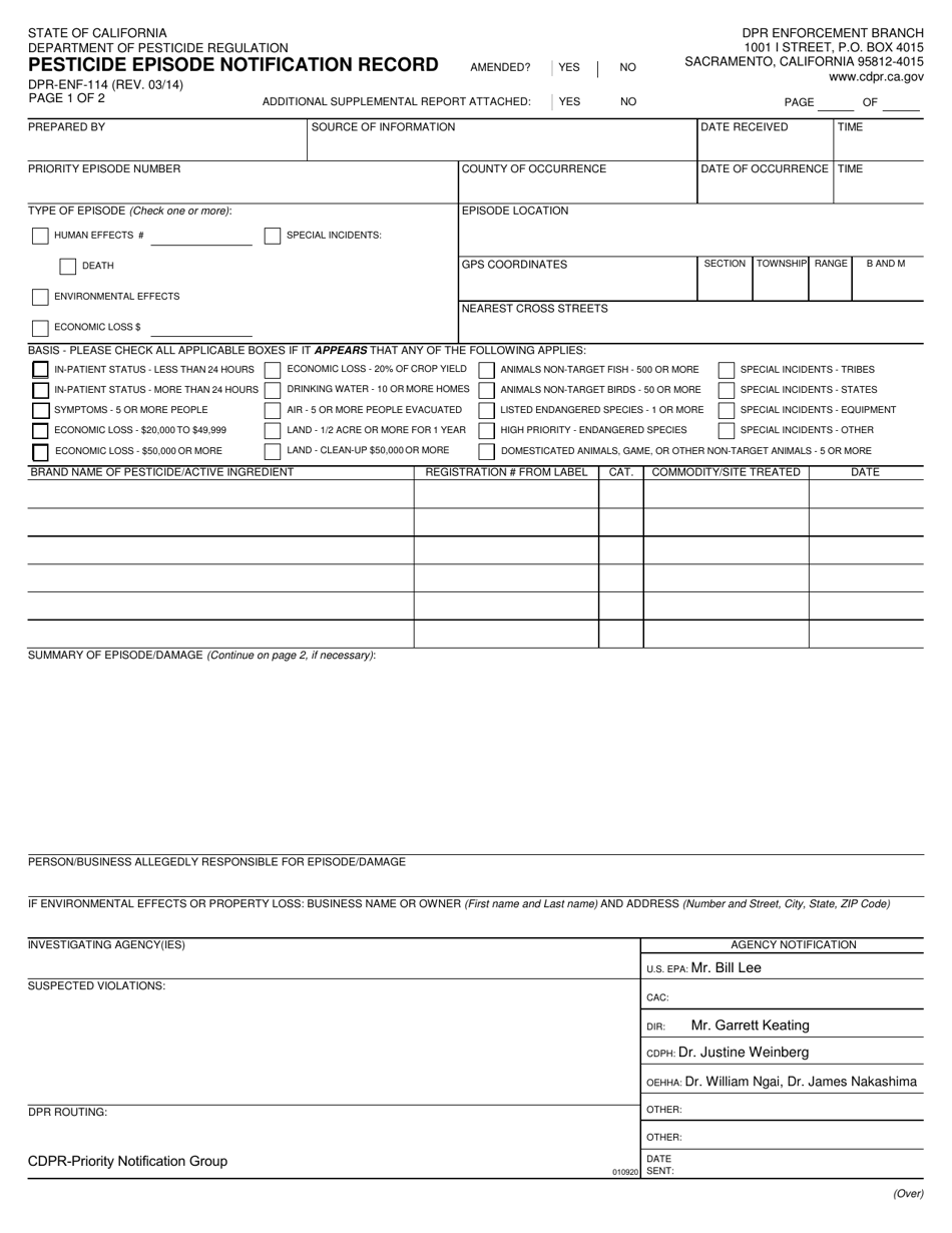Form DPR-ENF-114 Pesticide Episode Notification Record - California, Page 1