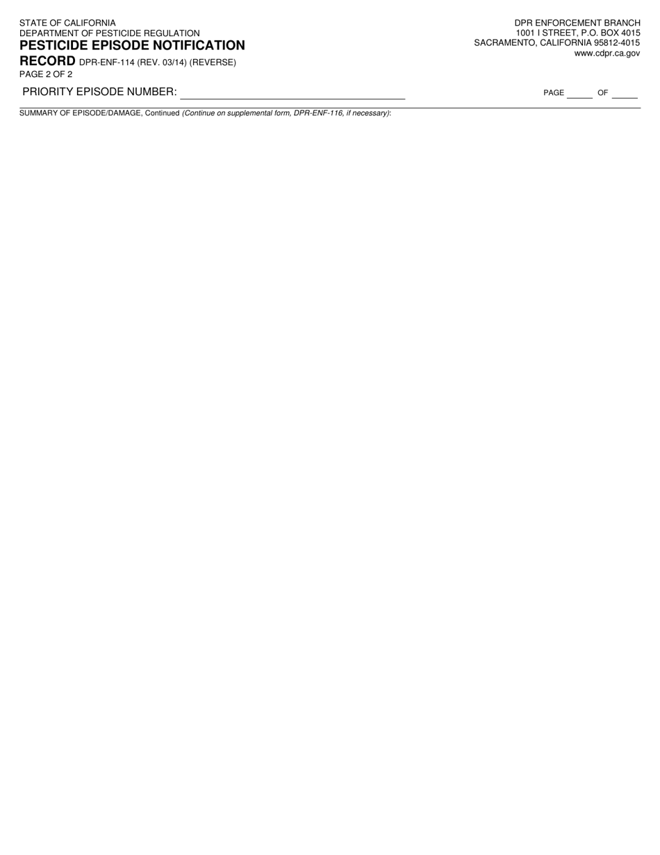 Form DPR-ENF-114 Pesticide Episode Notification Record - California, Page 2
