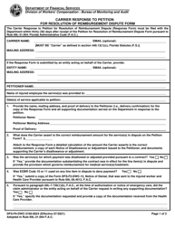 Document preview: Form DFS-F6-DWC-3160-0024 Carrier Response to Petition for Resolution of Reimbursement Dispute Form - Florida