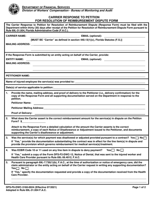 Form DFS-F6-DWC-3160-0024 Carrier Response to Petition for Resolution of Reimbursement Dispute Form - Florida