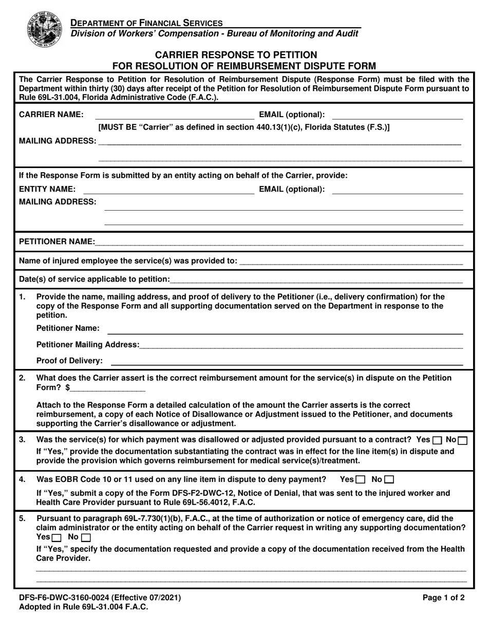 Form DFS-F6-DWC-3160-0024 Carrier Response to Petition for Resolution of Reimbursement Dispute Form - Florida, Page 1