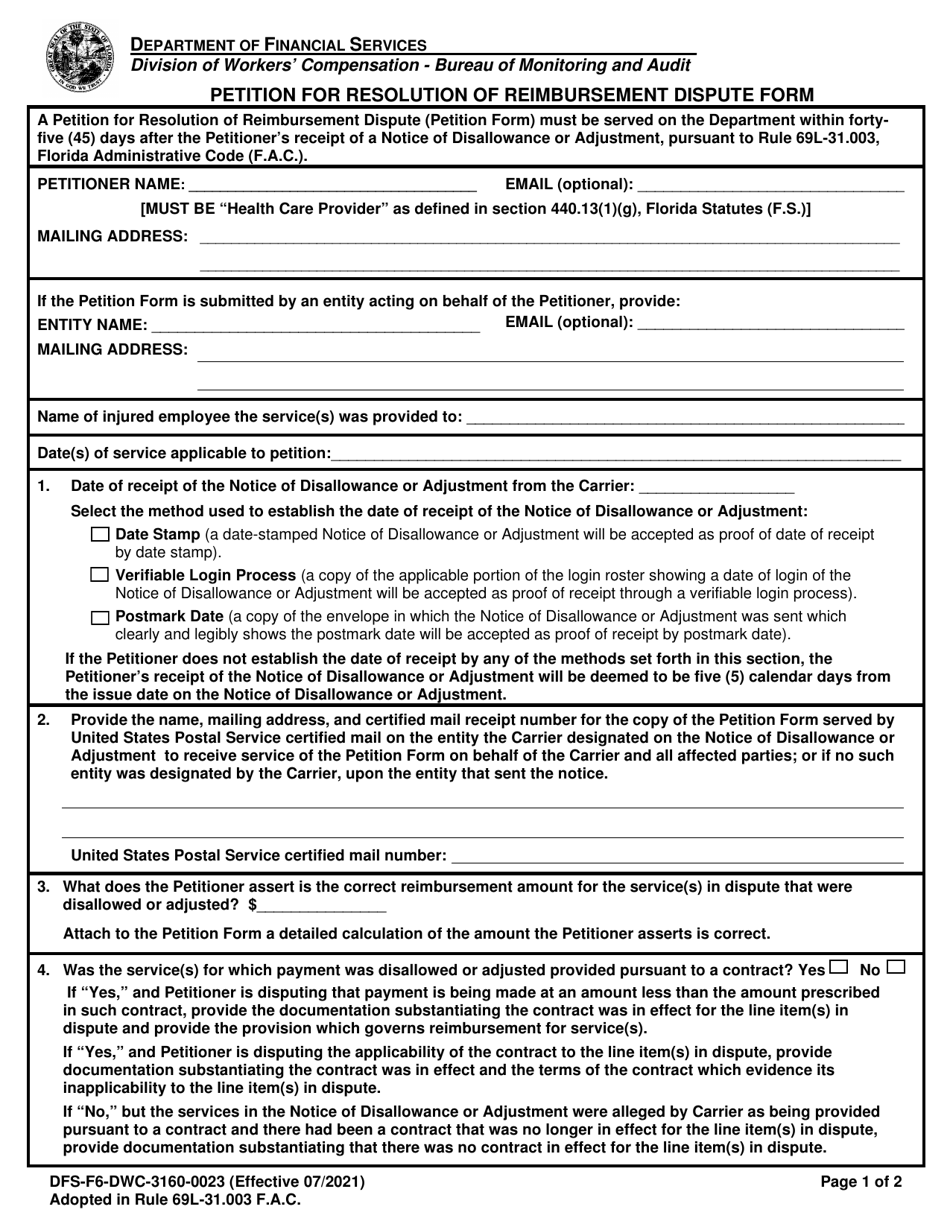 Form DFS-F6-DWC-3160-0023 Petition for Resolution of Reimbursement Dispute Form - Florida, Page 1