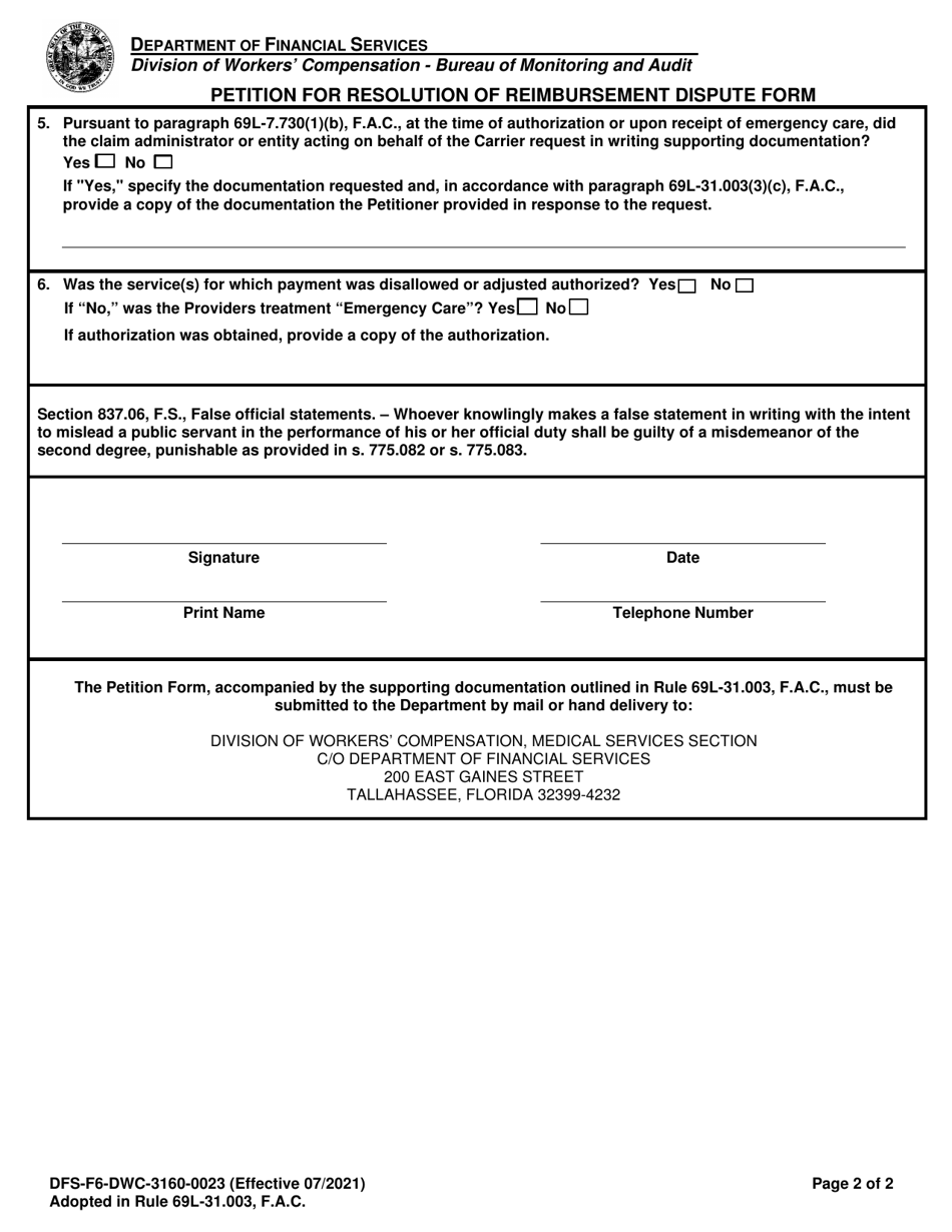 Form DFS-F6-DWC-3160-0023 Petition for Resolution of Reimbursement Dispute Form - Florida, Page 2