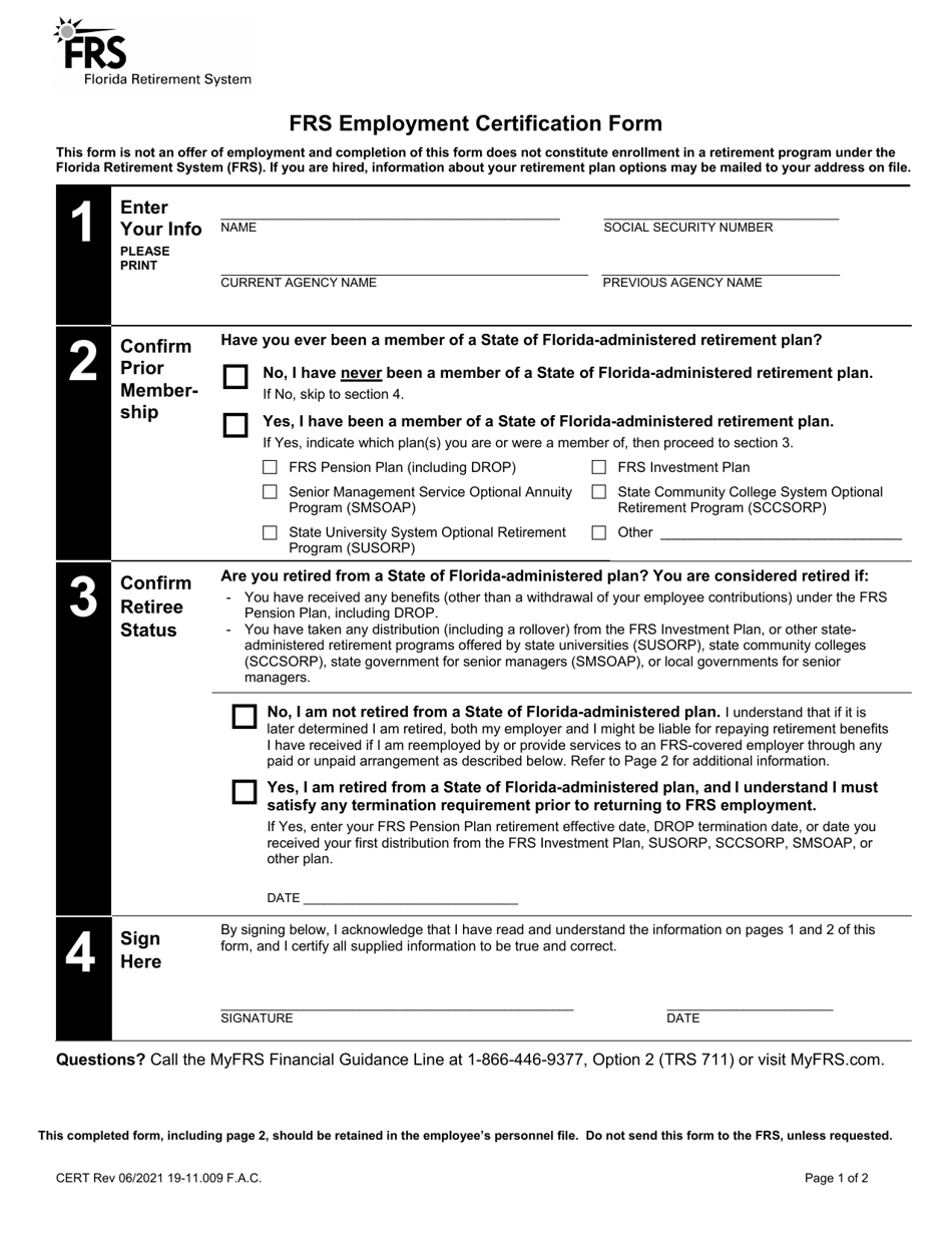 Form CERT Frs Employment Certification Form - Florida, Page 1