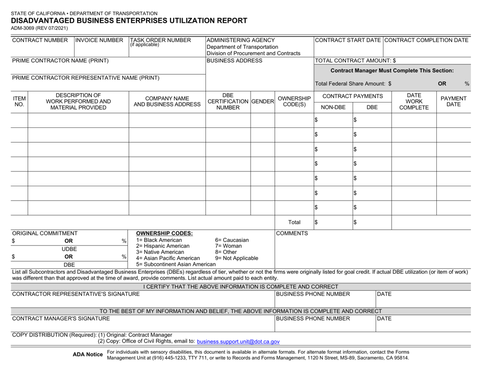 Form ADM-3069 Disadvantaged Business Enterprises Utilization Report - California, Page 1