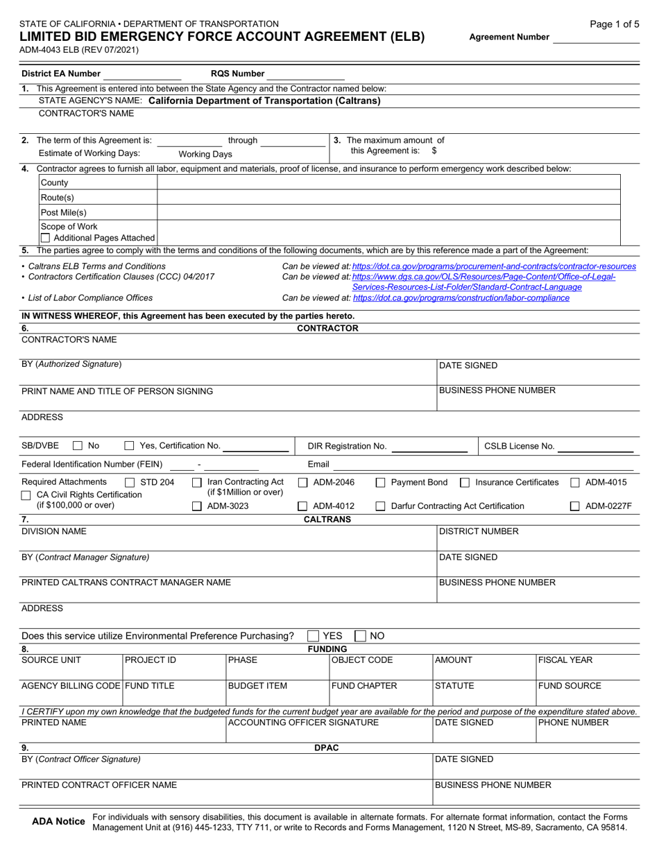 Form ADM-4043 ELB Limited Bid Emergency Force Account Agreement (Elb) - California, Page 1