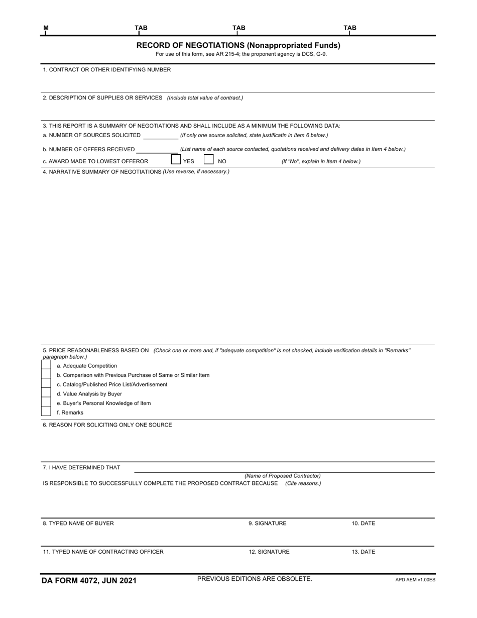 DA Form 4072 Record of Negotiations (Nonappropriated Funds), Page 1