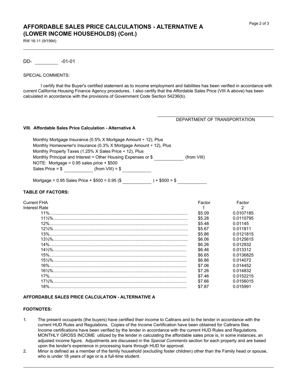 Form RW16-11 Affordable Sales Price Calculations - Alternative a (Lower Income Households) - California, Page 2