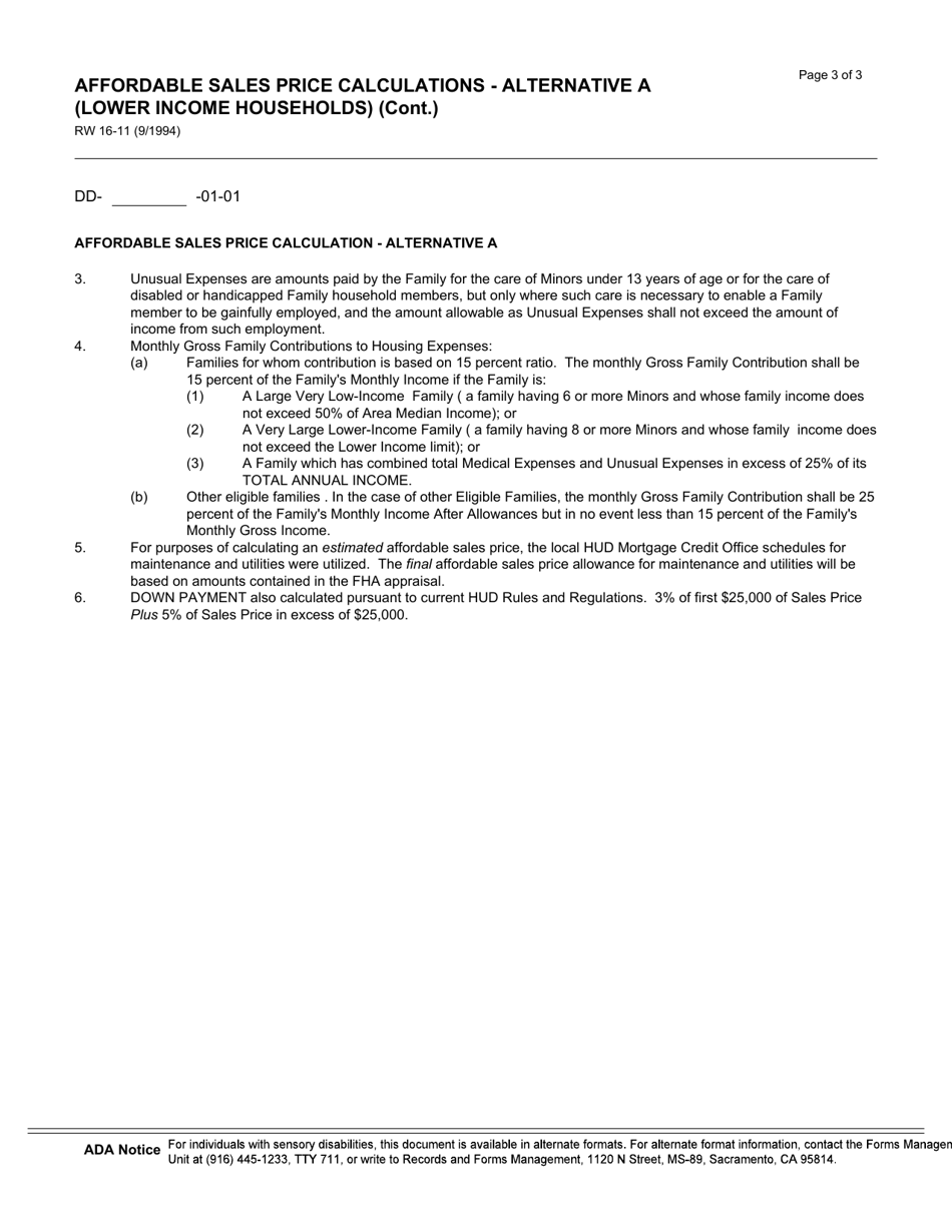 Form RW16-11 Affordable Sales Price Calculations - Alternative a (Lower Income Households) - California, Page 3