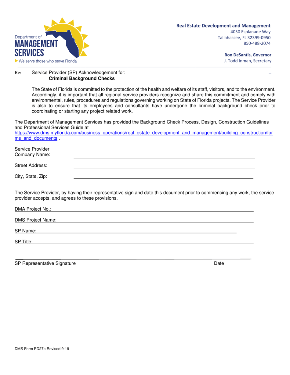 DMS Form PD27A Service Provider (Sp) Acknowledgement for Criminal Background Checks - Florida, Page 1