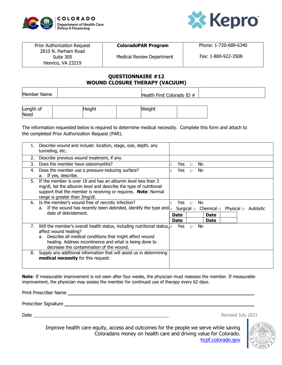 Questionnaire #12 - Wound Closure Therapy (Vacuum) - Colorado, Page 1