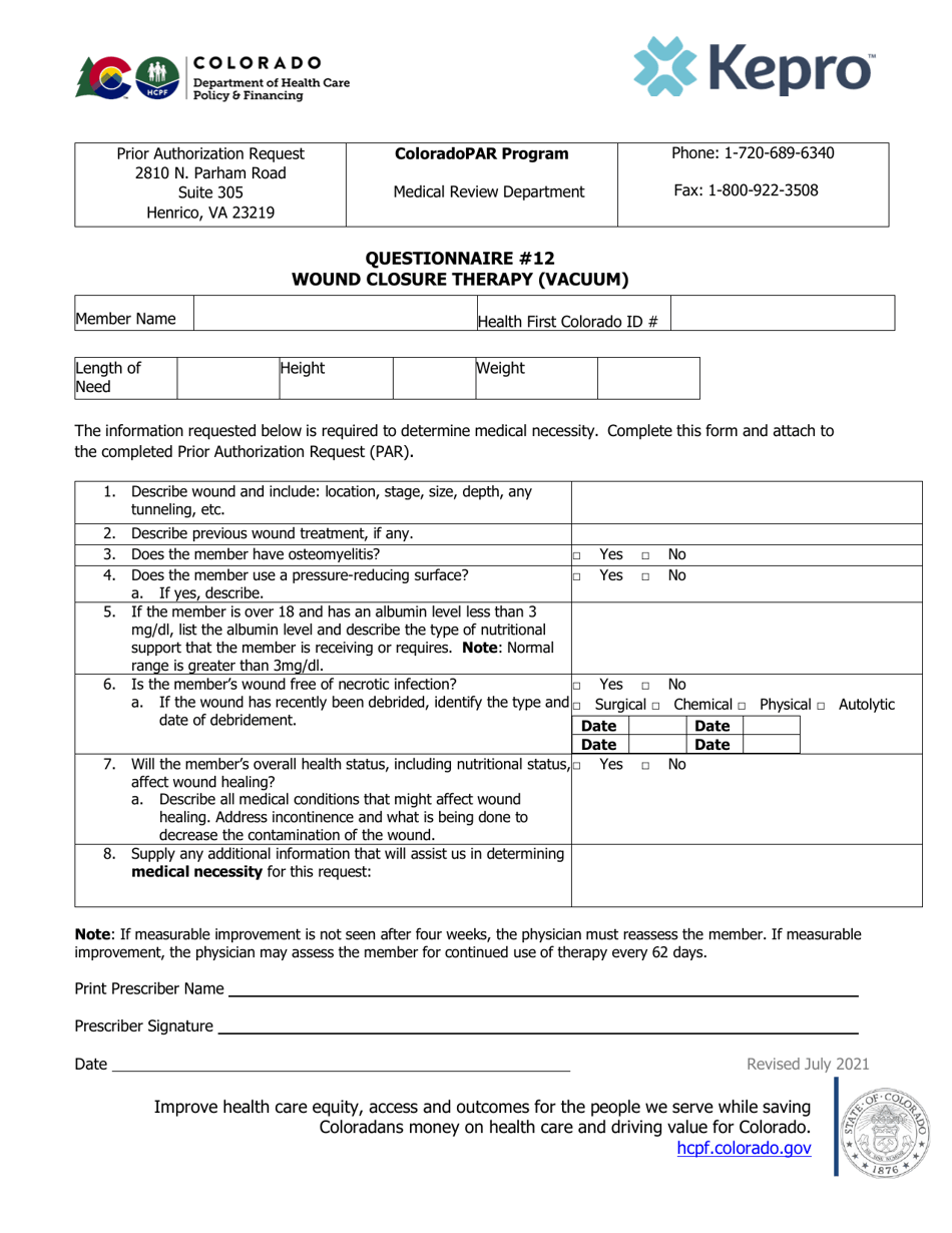 Colorado Questionnaire 12 Wound Closure Therapy (Vacuum) Download