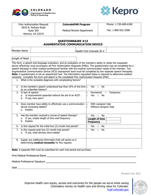 Prior Authorization Request Questionnaire #13 - Augmentative Communication Device - Colorado Download Pdf