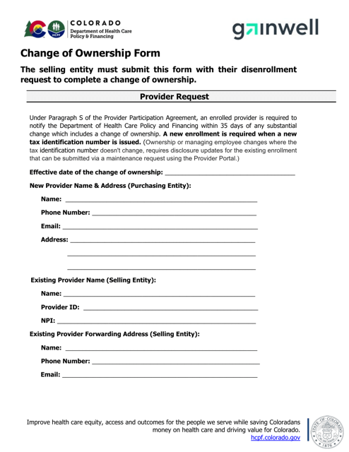 Colorado Change of Ownership Form Download Printable PDF | Templateroller